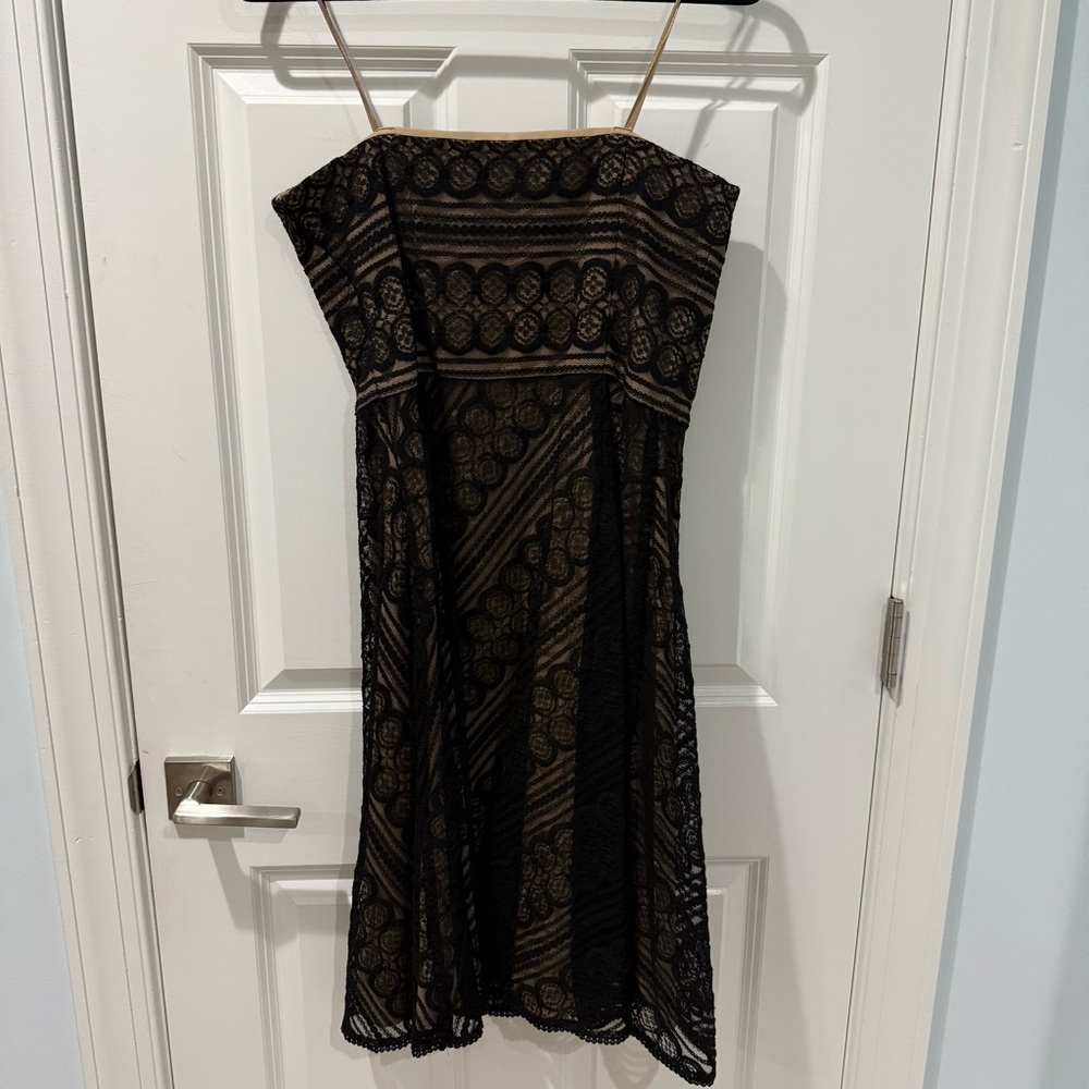 LOFT Black and Tan Strapless Lace Dress